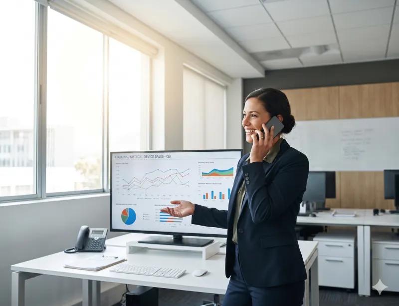 Sales leader at desk reviewing a real-time field dashboard
