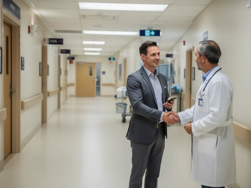 Field rep meeting a clinician in a hospital corridor